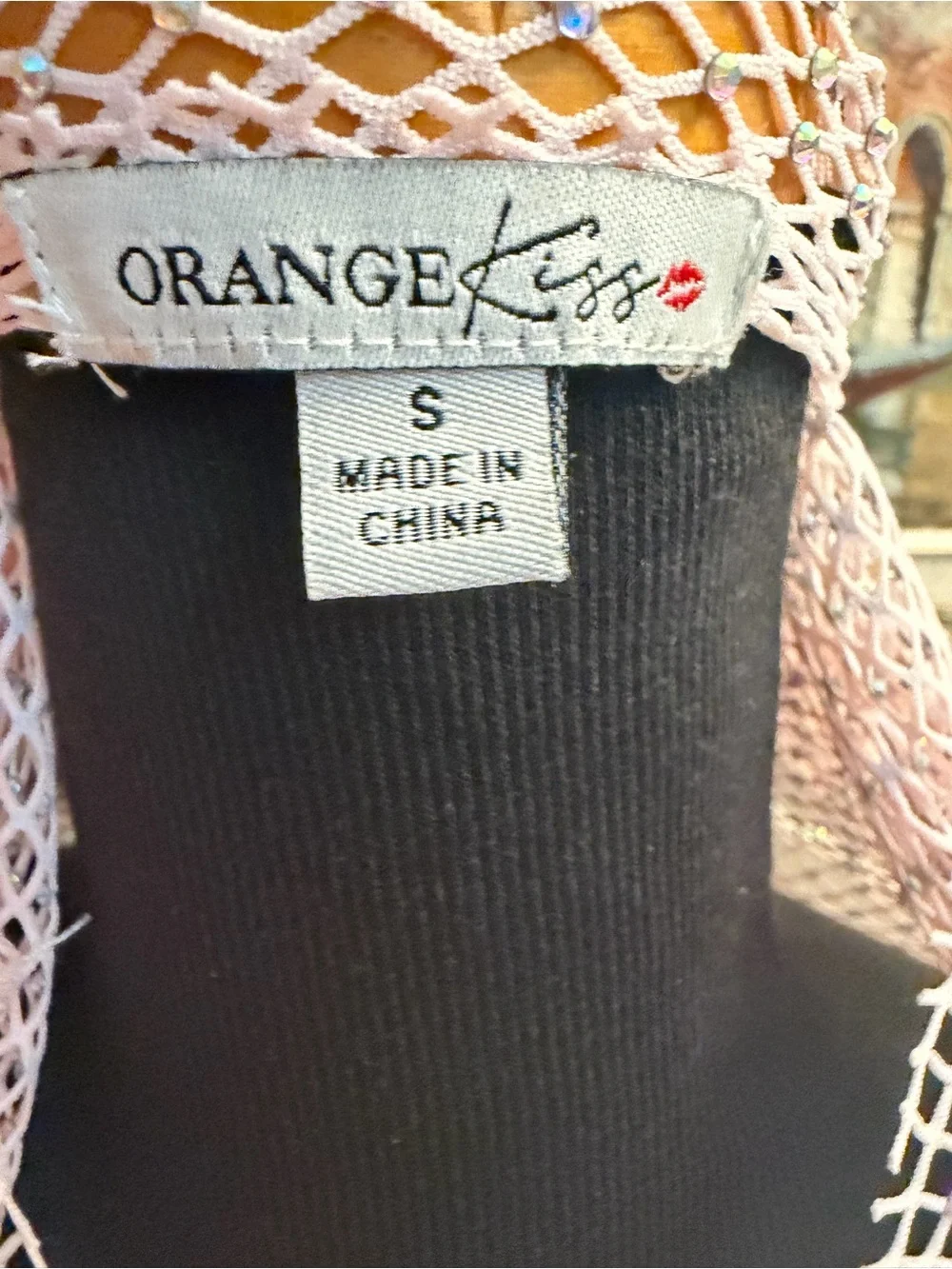 ORANGE KISS Long Sleeve Rhinestone Top Blush Pink Size SM Sheer Sparkly Mesh - Picture 8 of 11